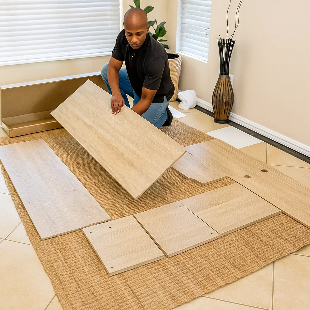 Organizing different metal fasteners, screws, and brackets from plastic bags on a wooden surface.