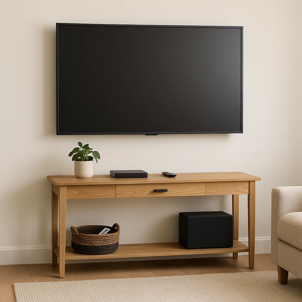 Under a wall-mounted TV a streamlined console table for an organized entertainment setup