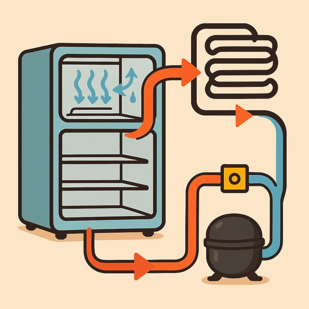 Refrigeration cycle diagram illustrating heat exchange and refrigerant flow in a mini fridge freezer.