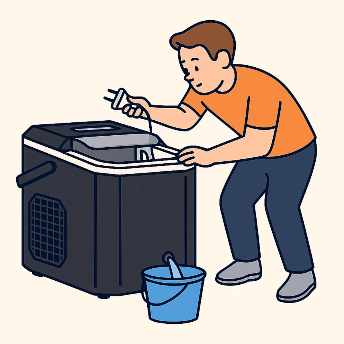 Person unplugging and draining a portable ice maker into a bucket before cleaning.