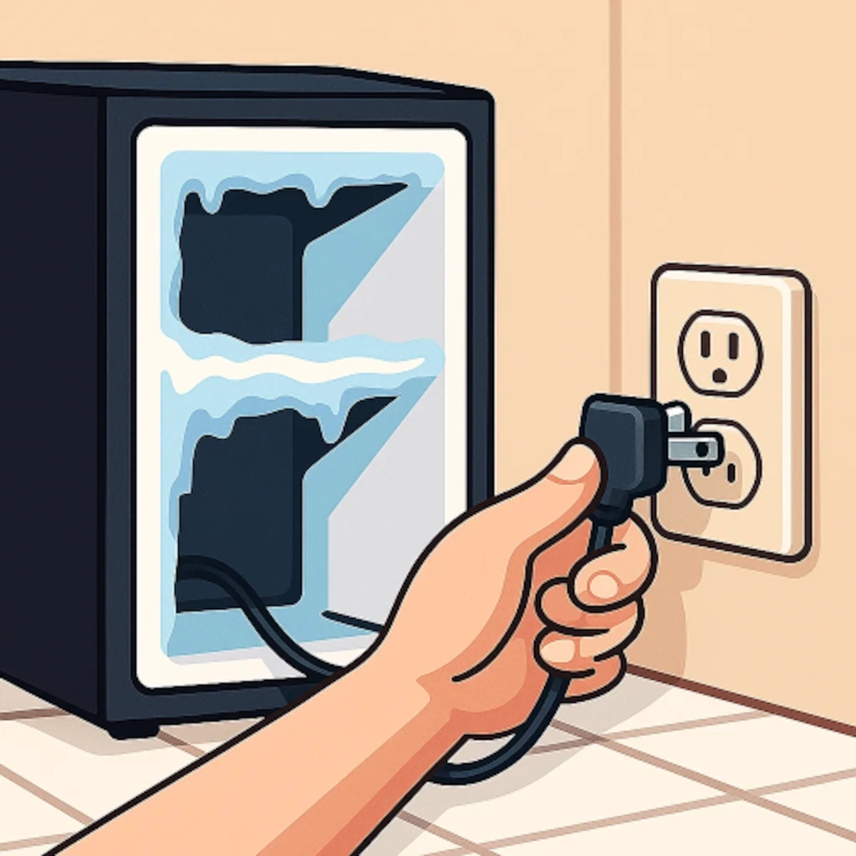 Hand unplugging mini fridge from wall outlet