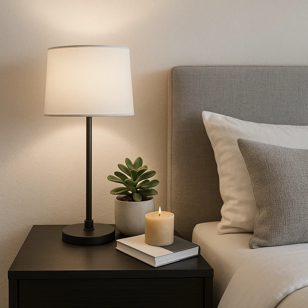 Dark bedside table with lamp, candle, succulent, and book.