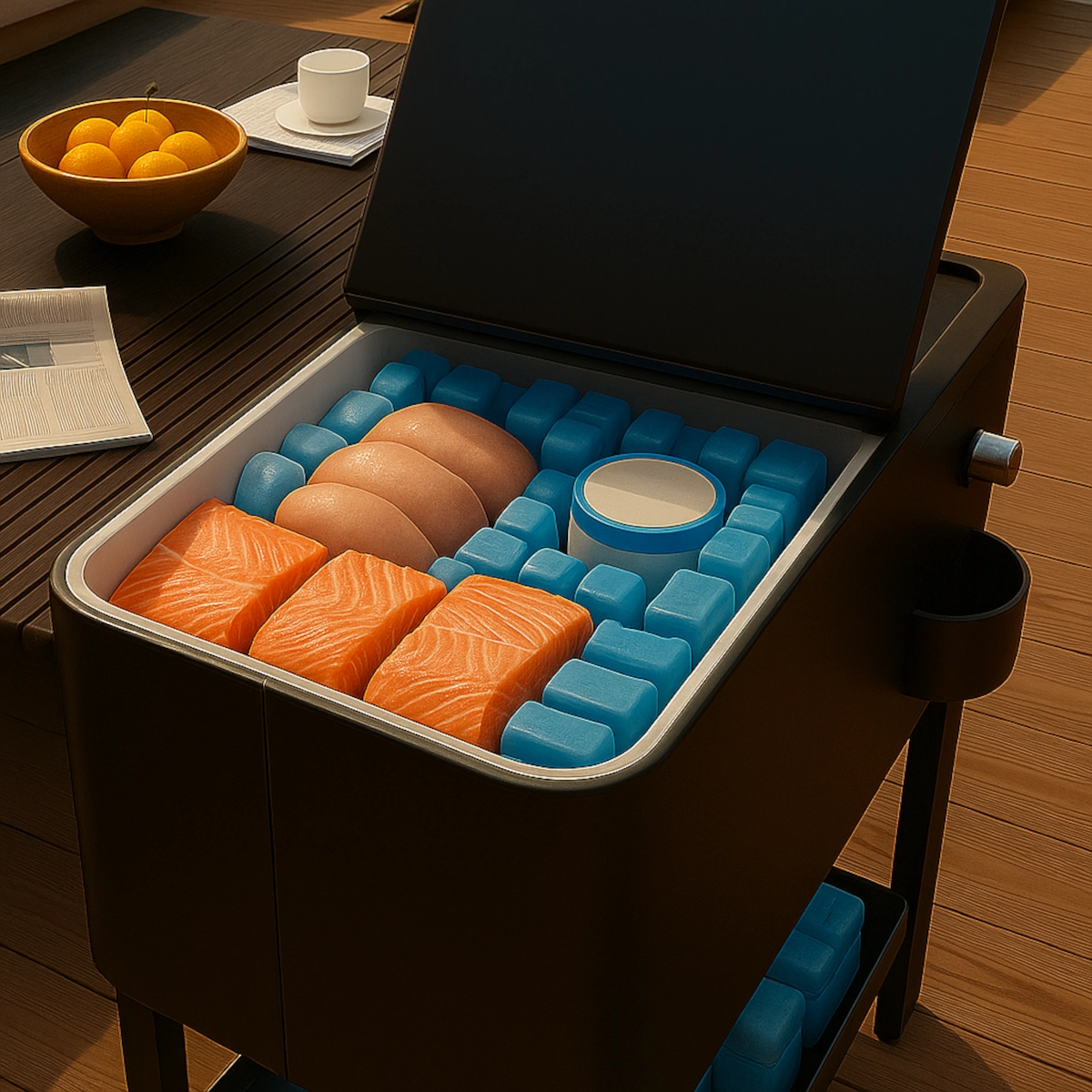Cooler with salmon, chicken, yogurt, and blue ice packs.