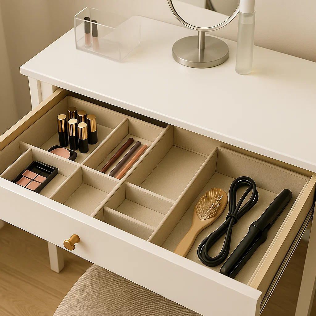 Divided vanity drawer containing makeup, brushes, a hairbrush, and a curling iron.