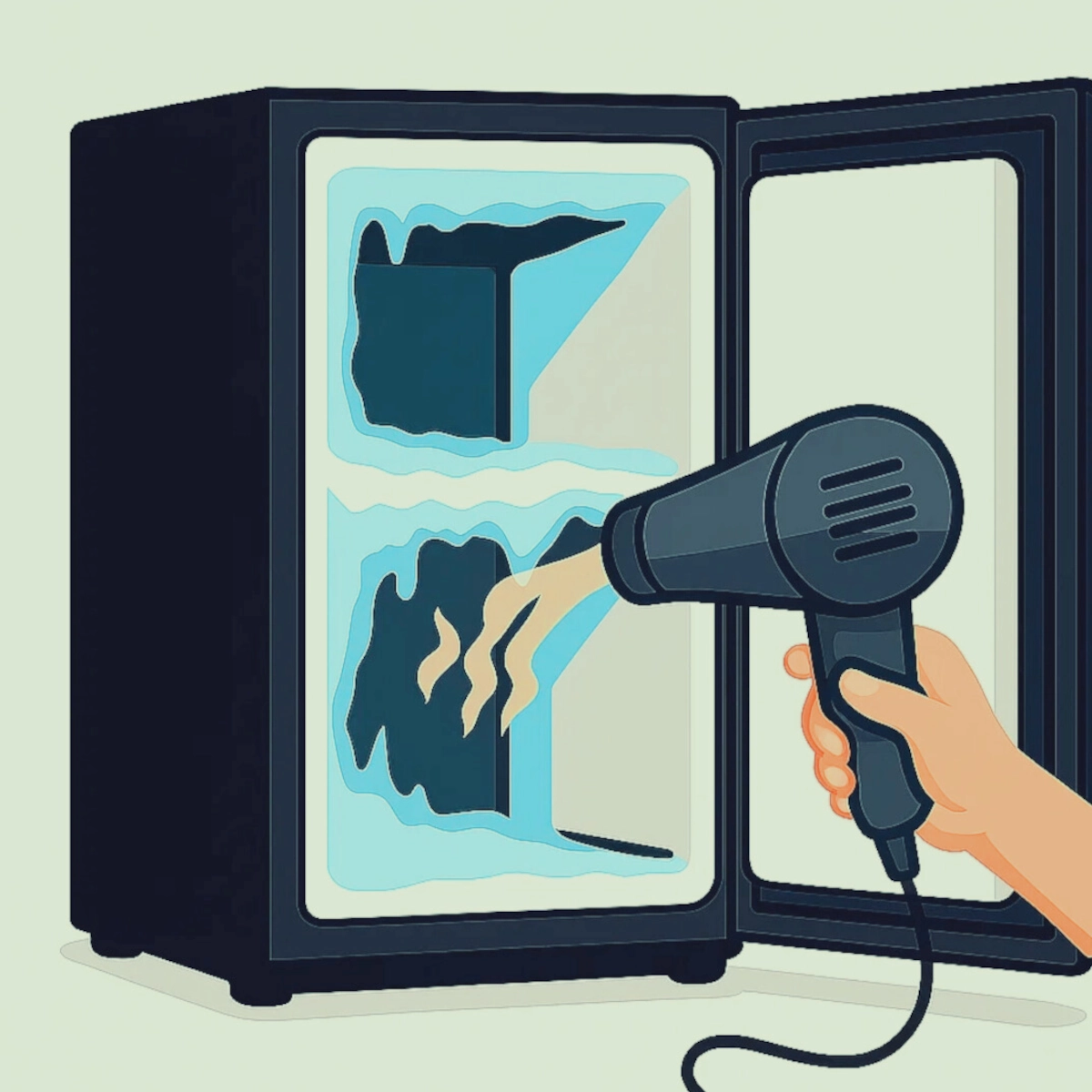 Hand using hairdryer to defrost mini freezer ice