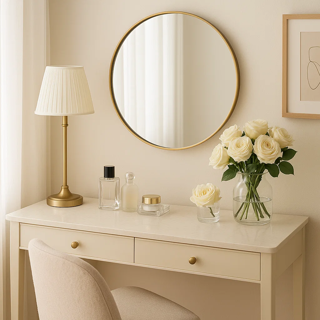 Minimal vanity table with round gold mirror and lamp beside a vase of white roses.