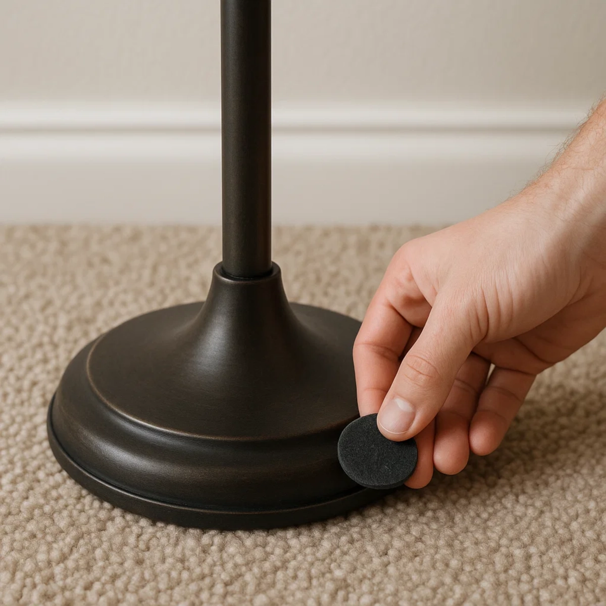 Felt pad applied under a floor lamp base to reduce wobbling on carpet.