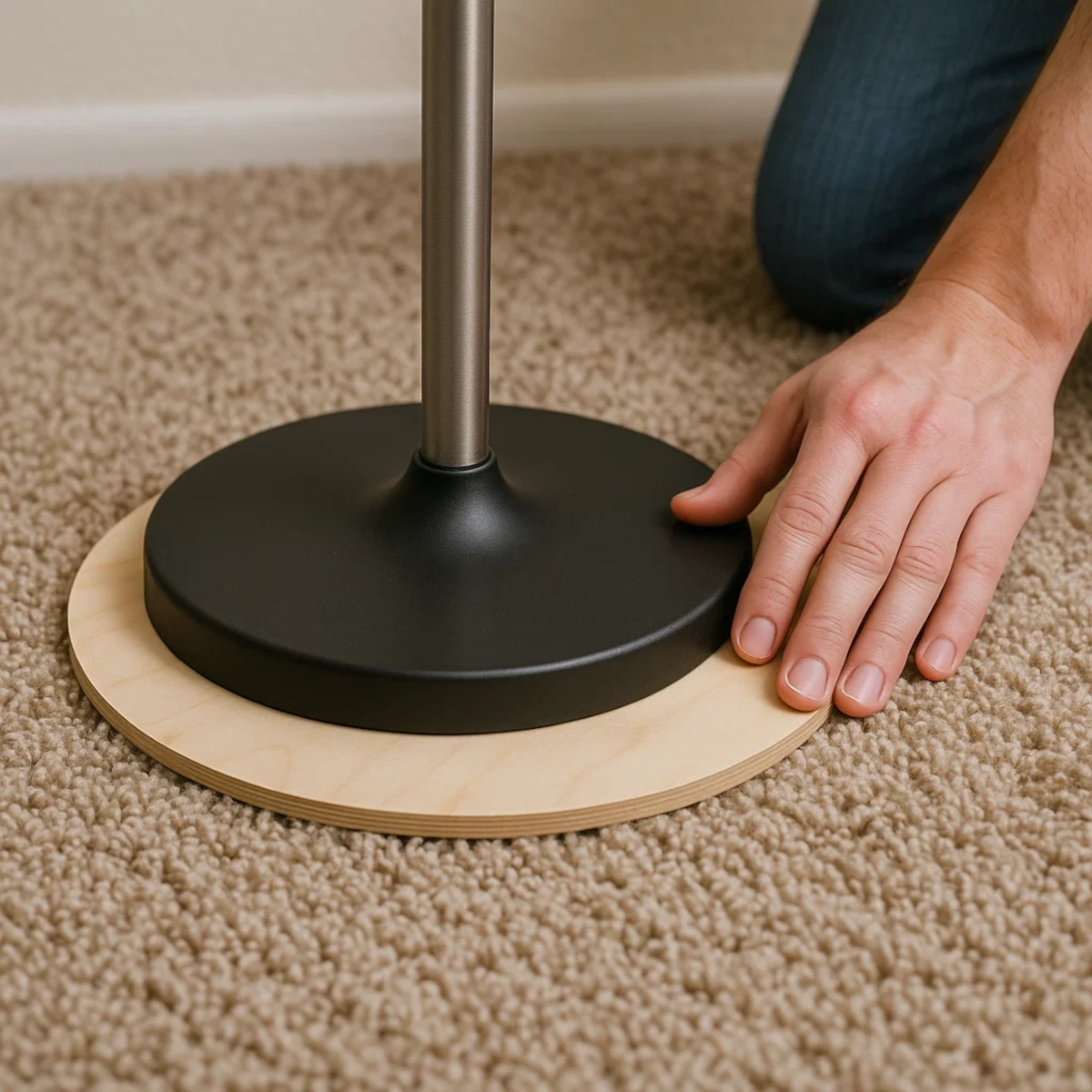 Round wooden board placed under a floor lamp base for stability on thick carpet.