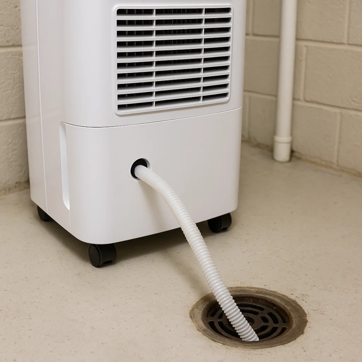 HOMCOM dehumidifier with drainage hose connected to a floor drain in utility space.