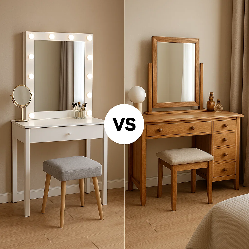 Comparison image of lighted white vanity versus wooden dressing table, each styled with mirrors and matching stools.