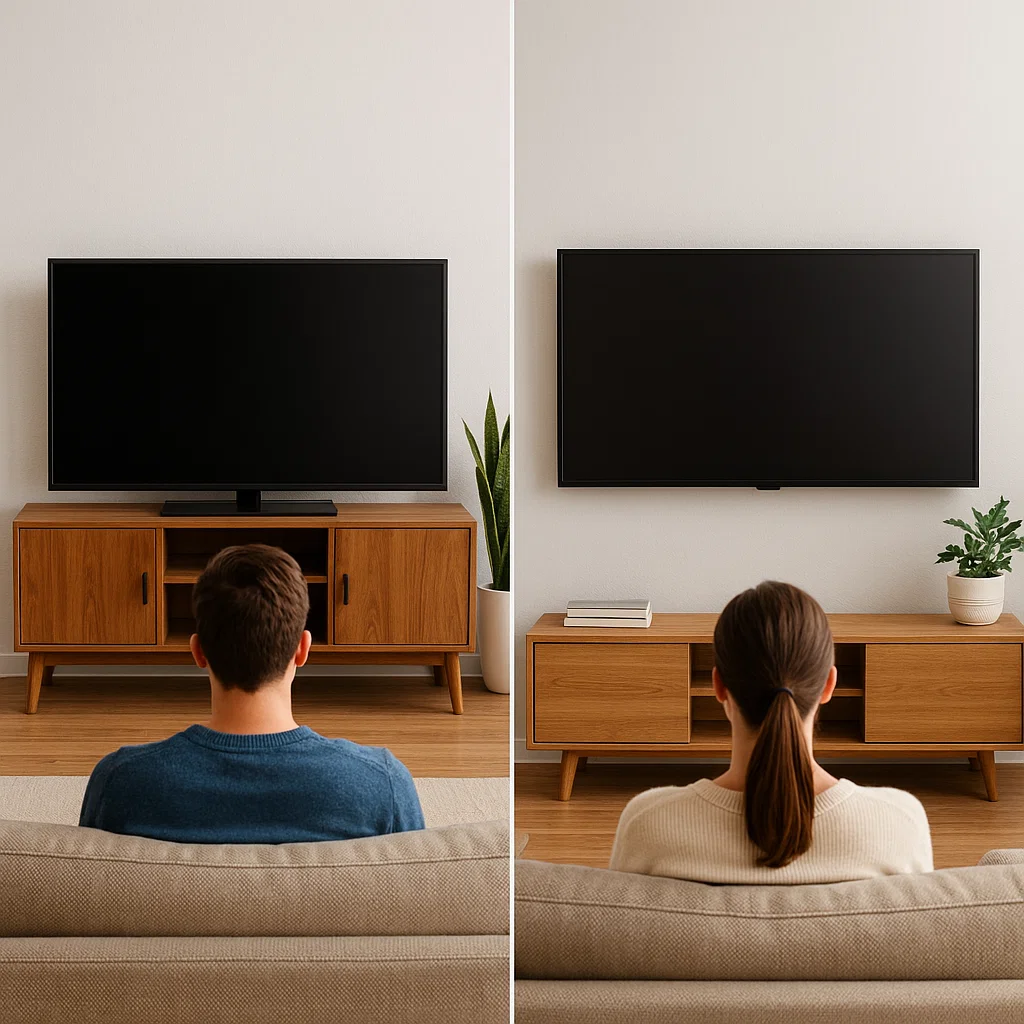 Two people sitting on a sofa, comparing comfort between a TV on a stand and wall-mounted.