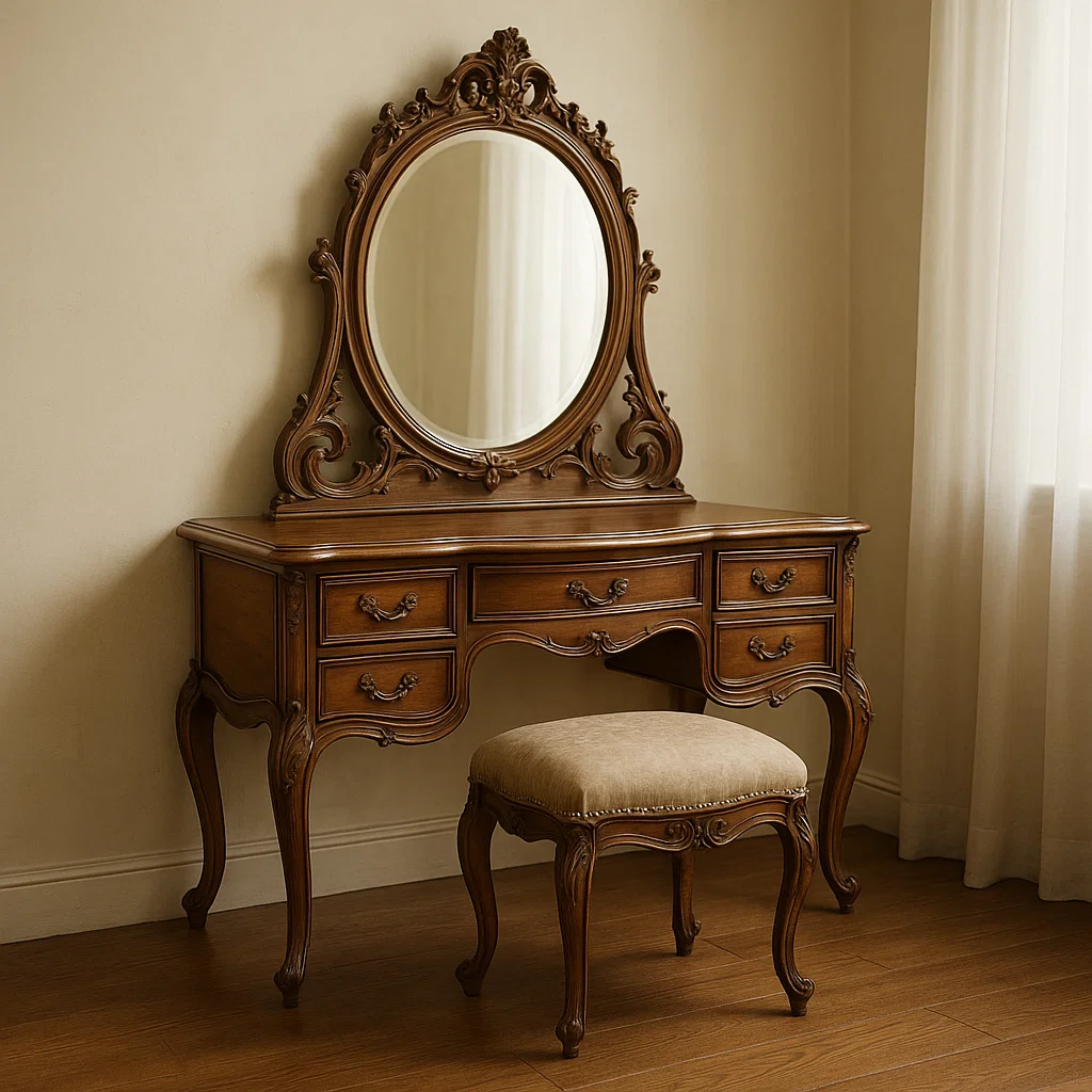 Elegant vintage vanity table with ornate carved wood, oval mirror, and cushioned stool in a classic bedroom.