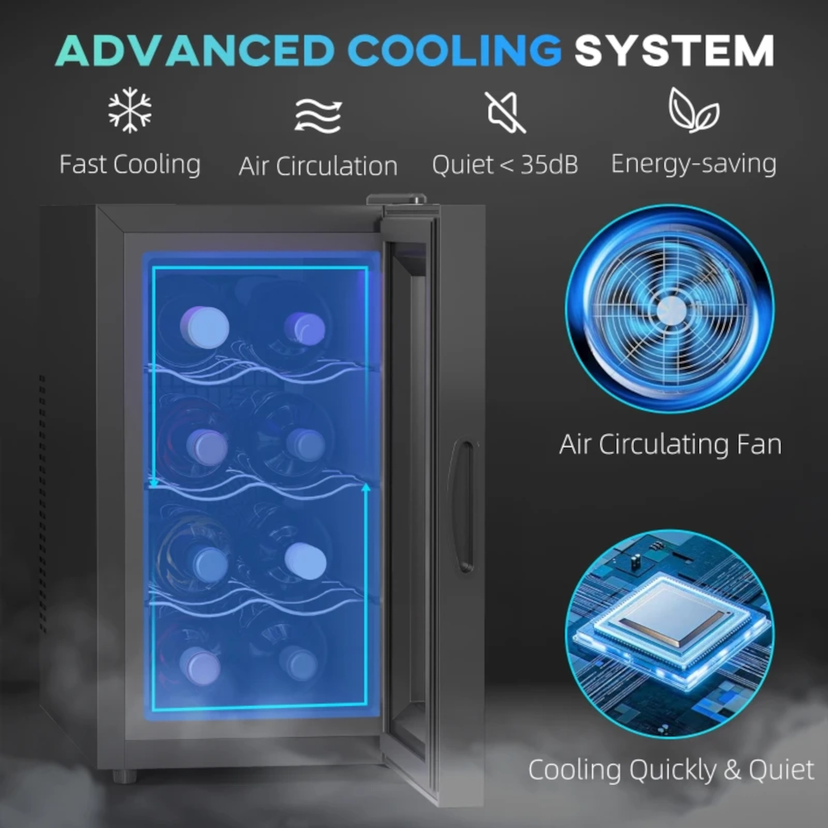 Beverage fridge with blue cooling lights and arrows for air circulation and fast cooling