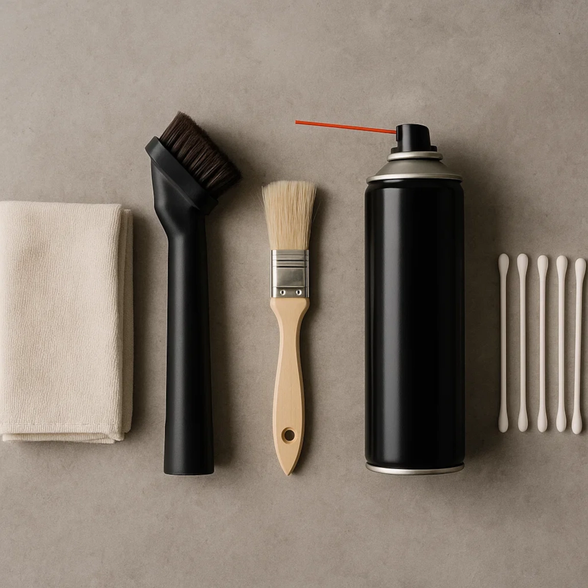 Space heater cleaning tools including cloth, vacuum brush, paintbrush, compressed air, and cotton swabs.