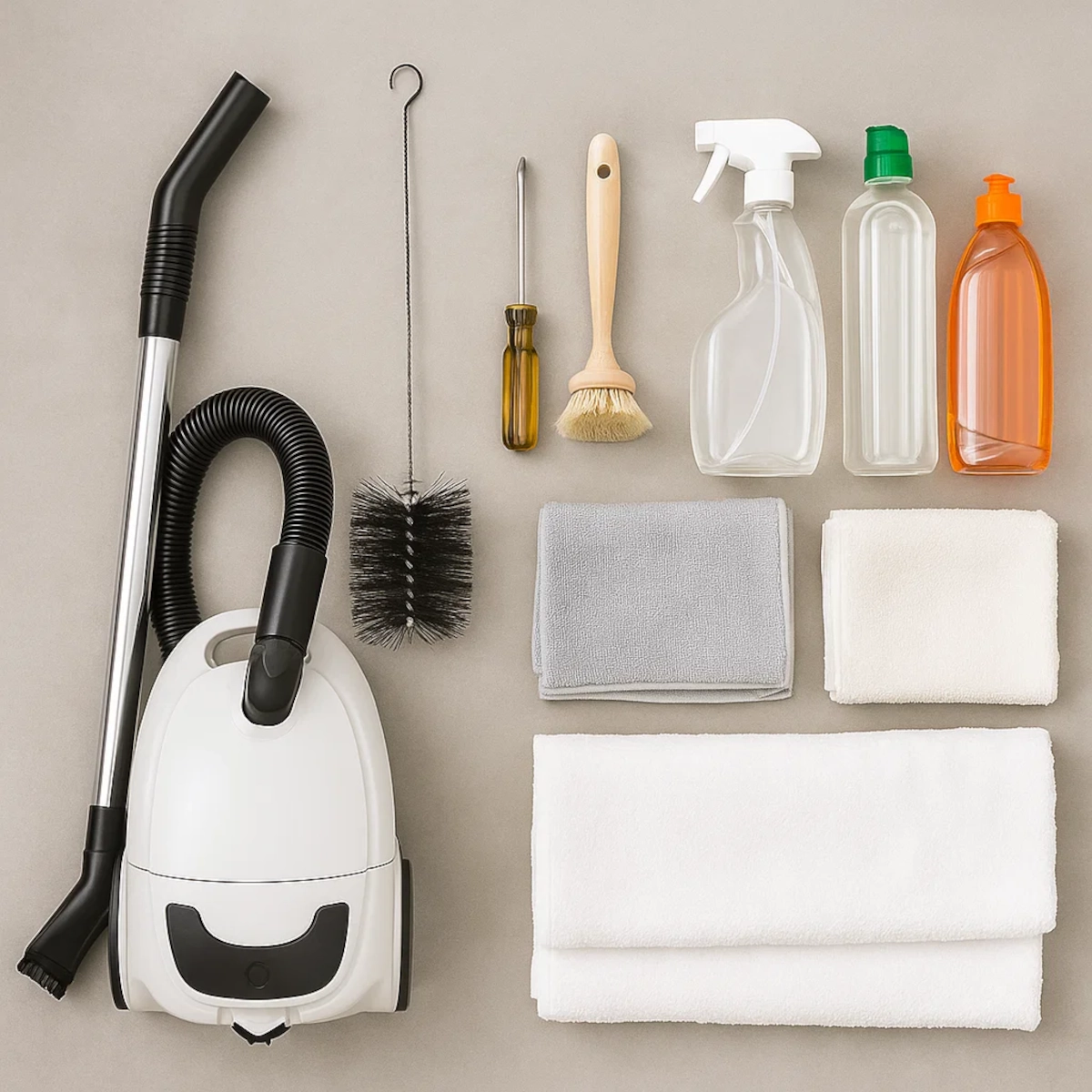 Cleaning tools and supplies arranged neatly on surface.