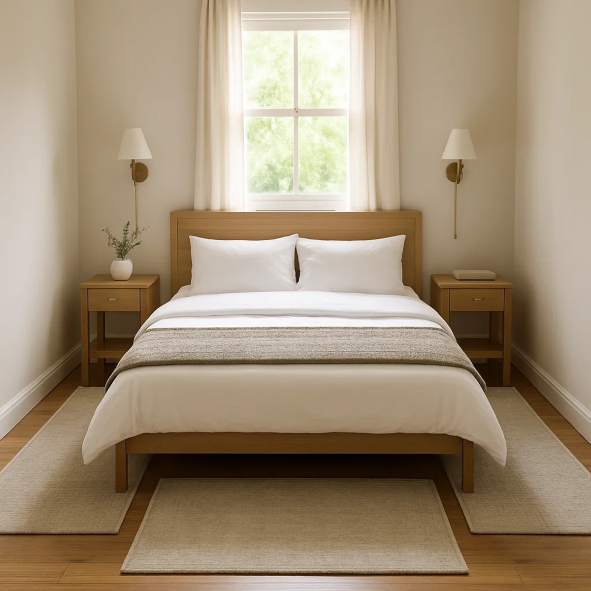 Cozy bedroom with narrow area rugs placed along bed perimeter for minimal yet functional coverage.