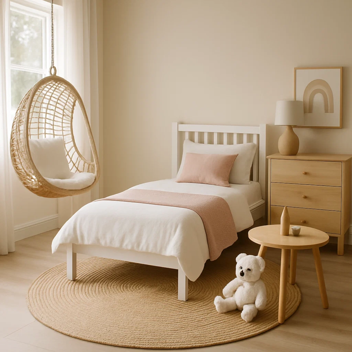 Child’s bedroom with a twin bed and round woven area rug placed beneath a hanging chair and side table.