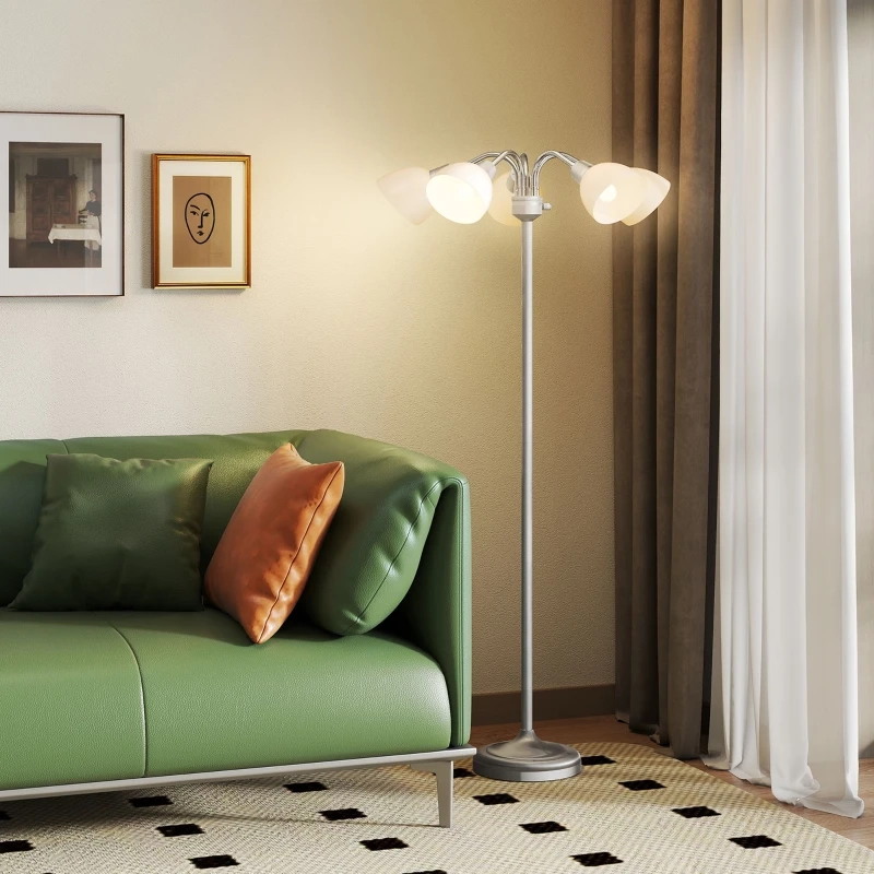 Floor lamp beside modern green sofa near curtains