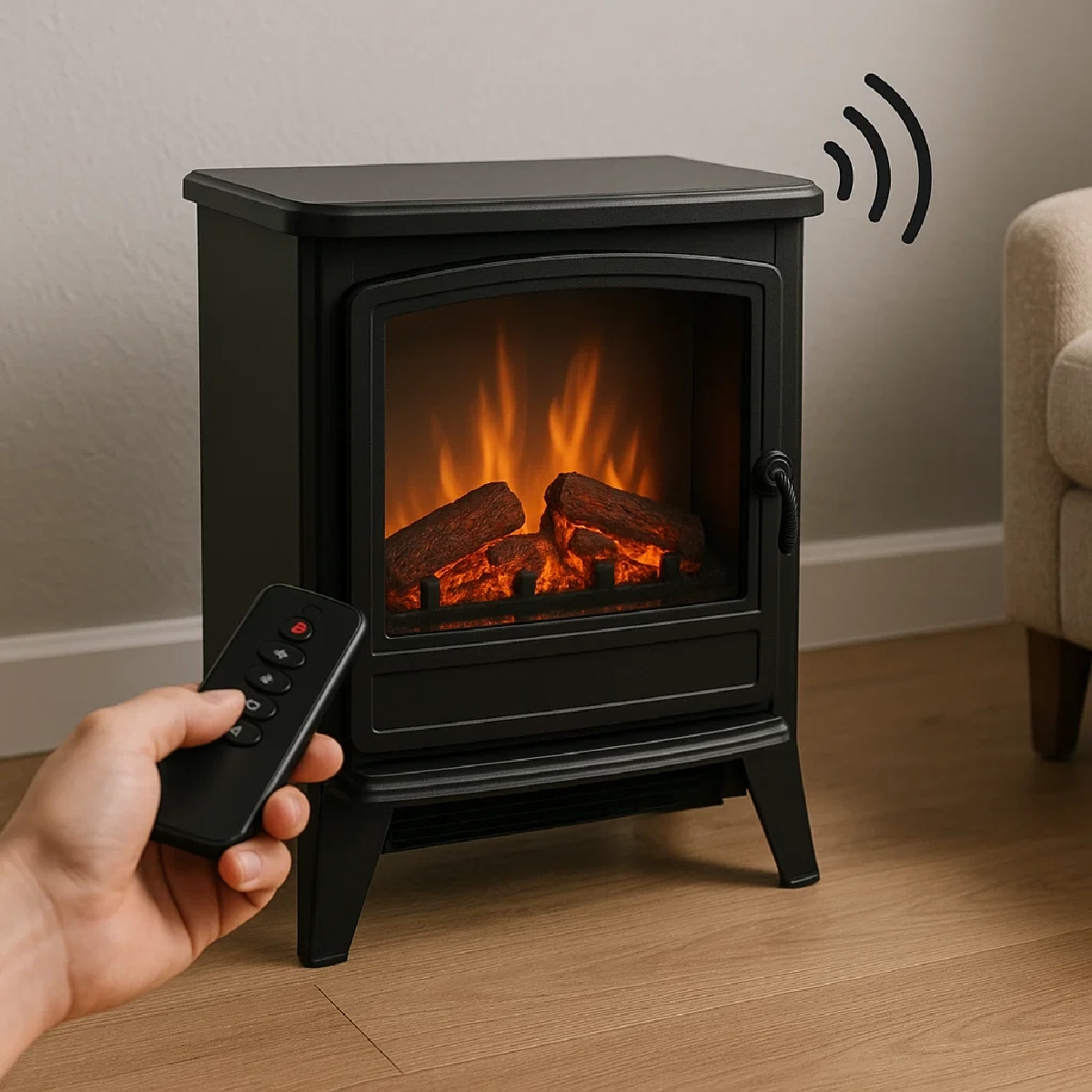 Remote control pointed at an electric fireplace with signal icon indicating command or alert.