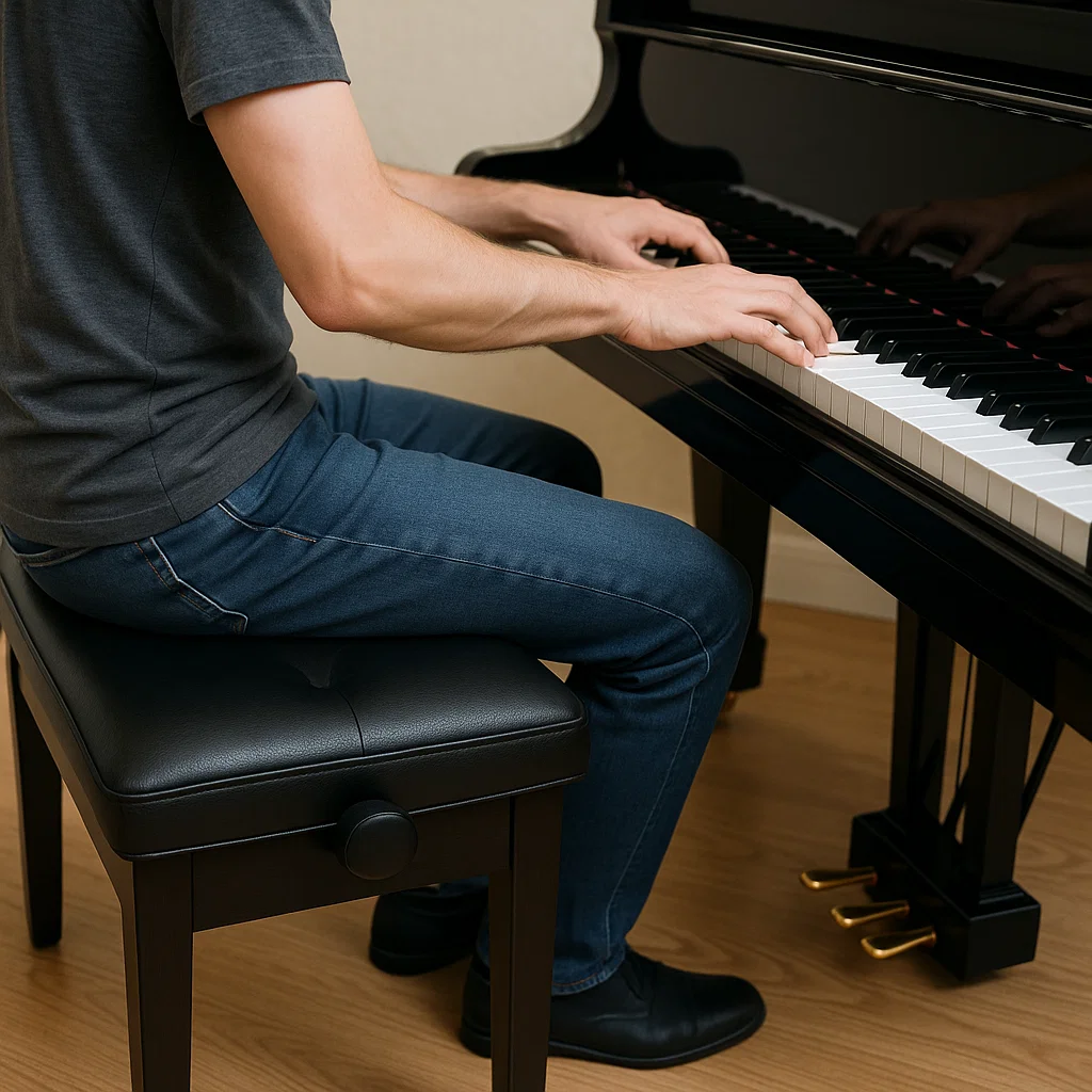 Man playing piano seated on cushioned black bench.