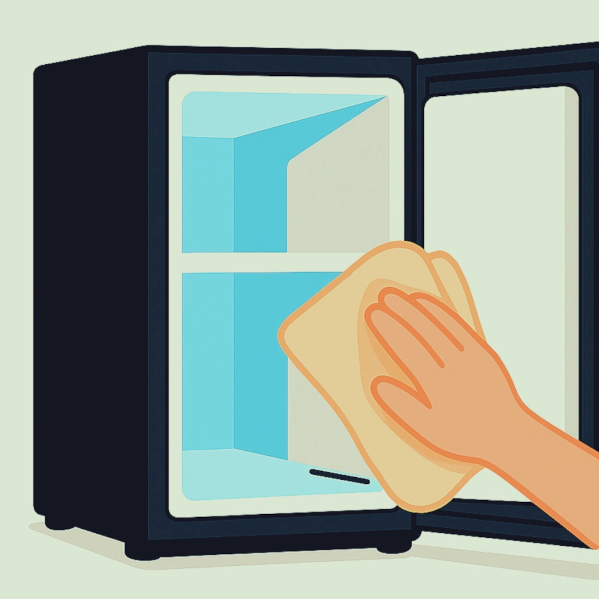 Hand wiping mini fridge interior with a cleaning cloth