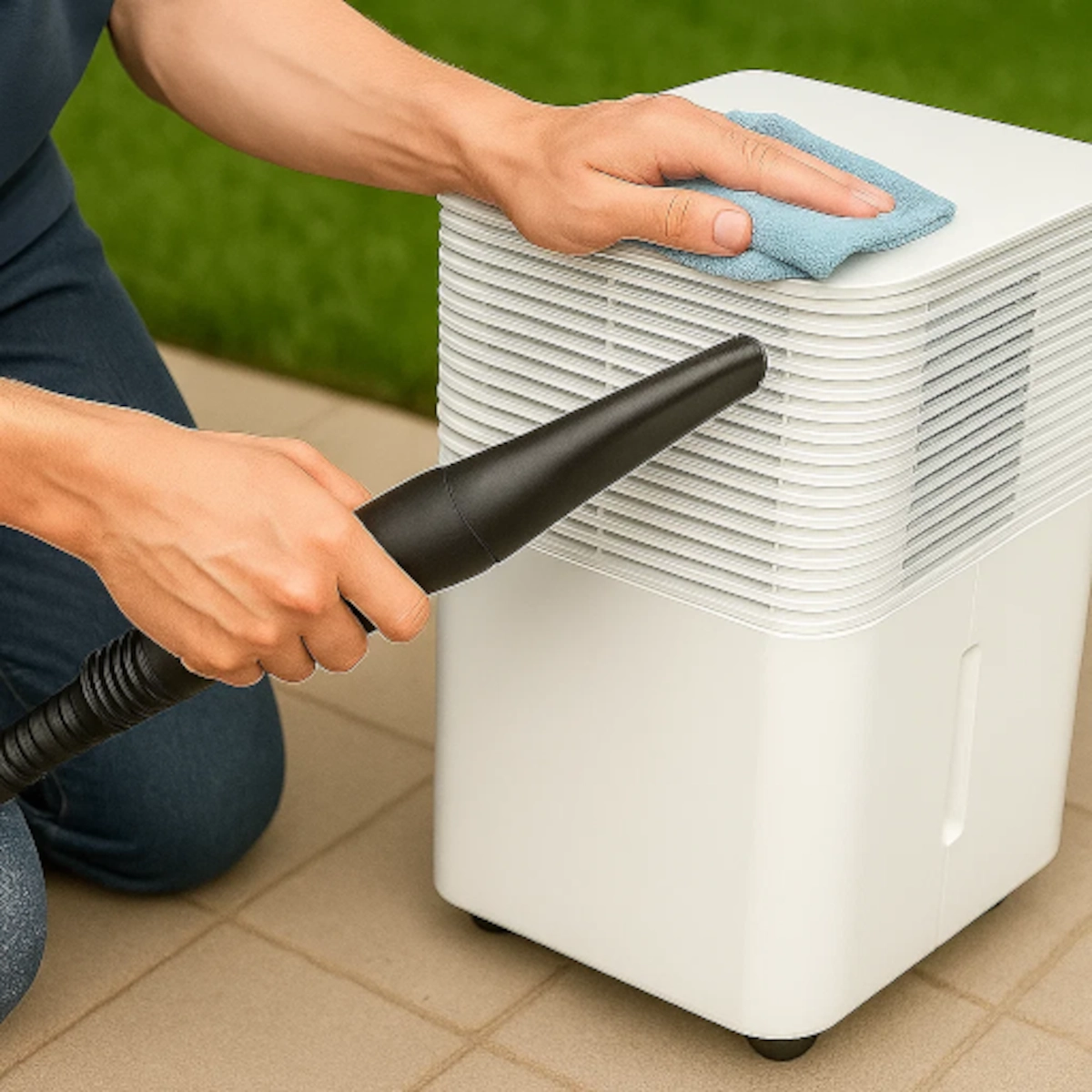Vacuuming and wiping dust from dehumidifier air vents.