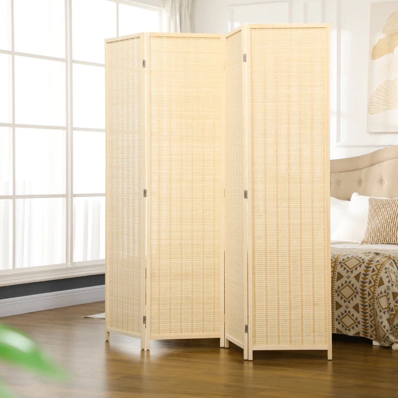 Light woven bamboo room divider in bright bedroom, adding privacy with a natural, airy design.