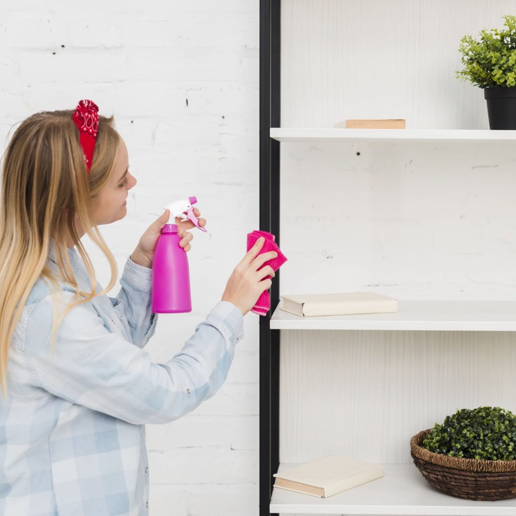 Woman spraying and wiping white bookshelf with cleaning cloth and bottle.
