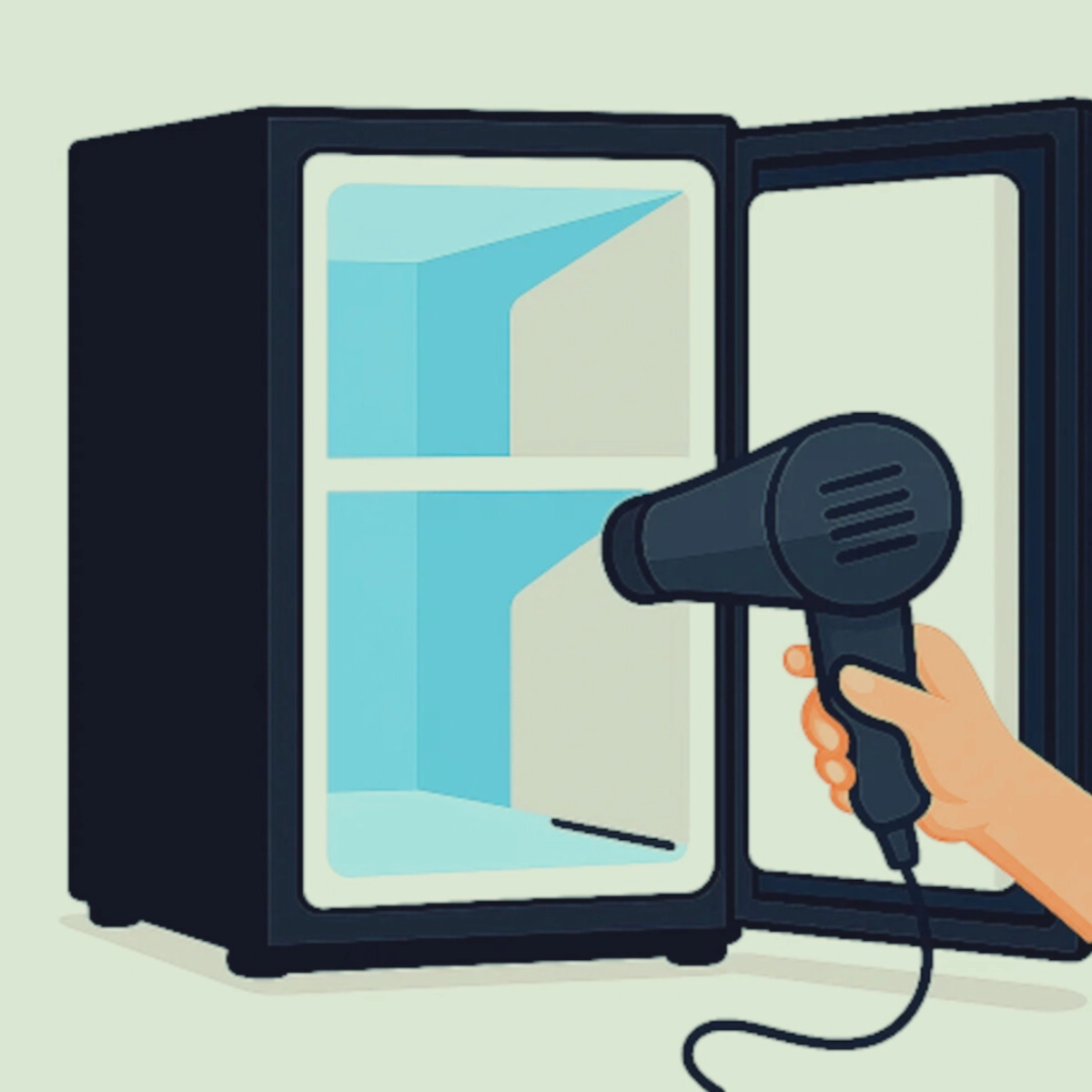 Hairdryer aimed at empty freezer after defrosting