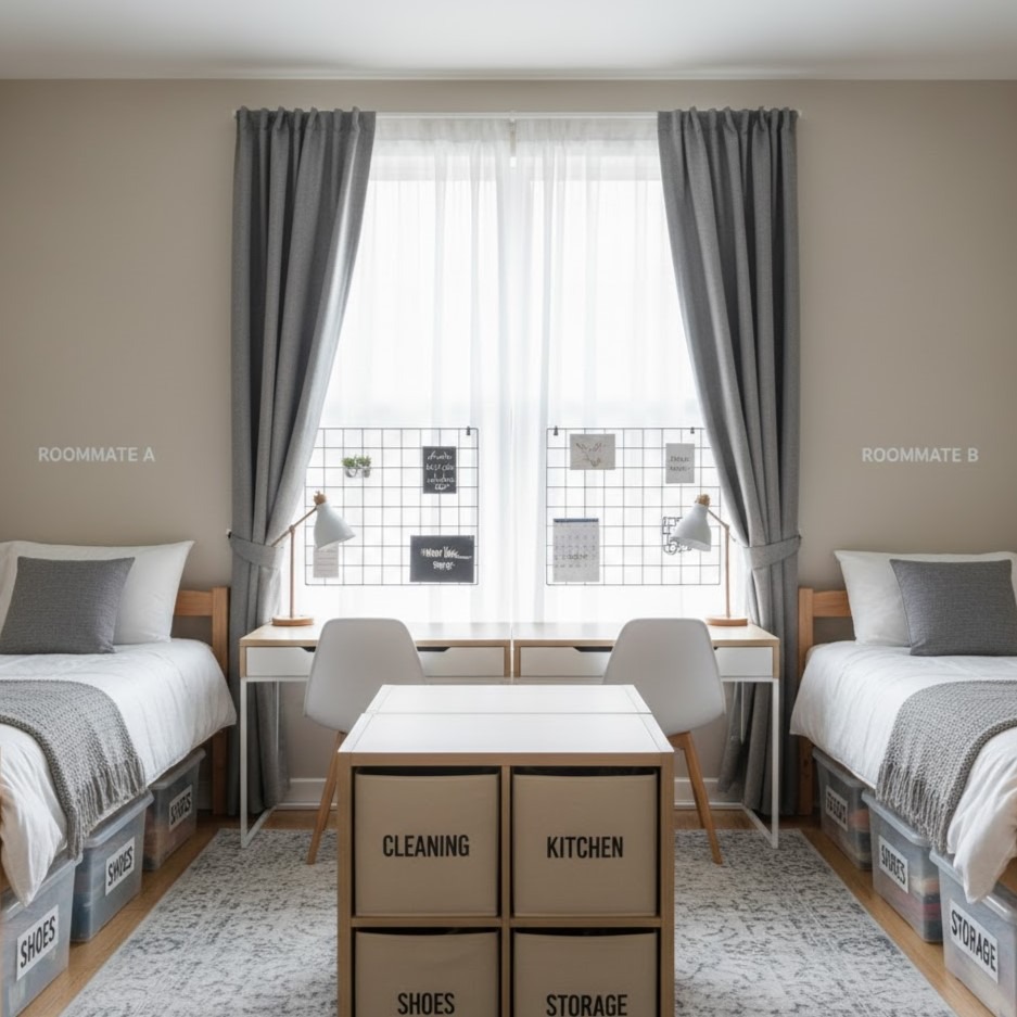 Two-bed dorm room with shared desk, labeled storage, and window light.