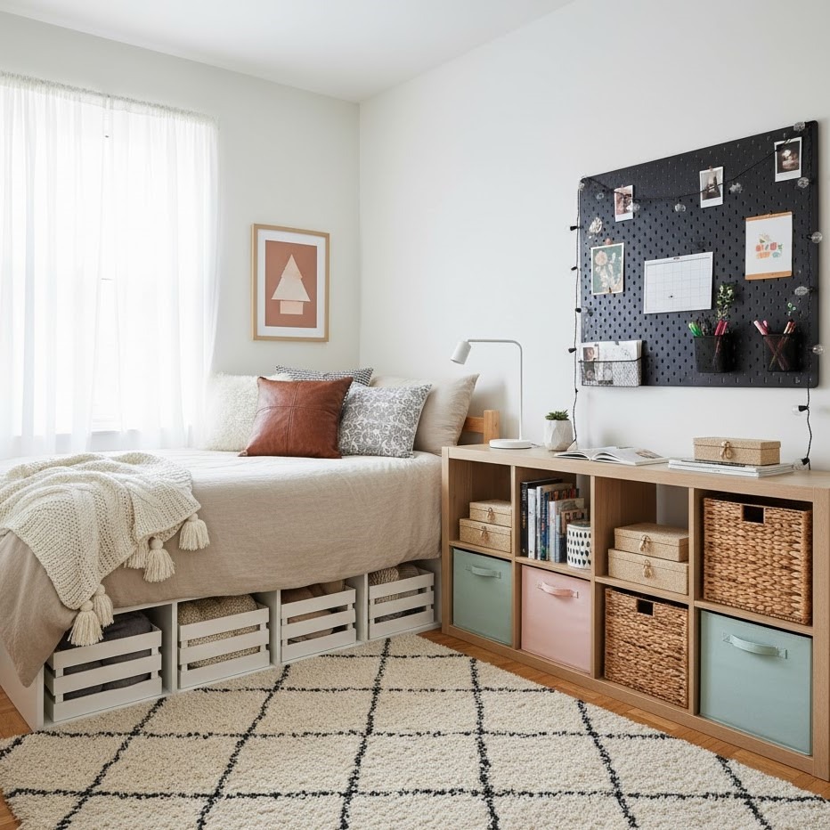 Cozy dorm room with under-bed crates, wall décor, and pegboard organizer.