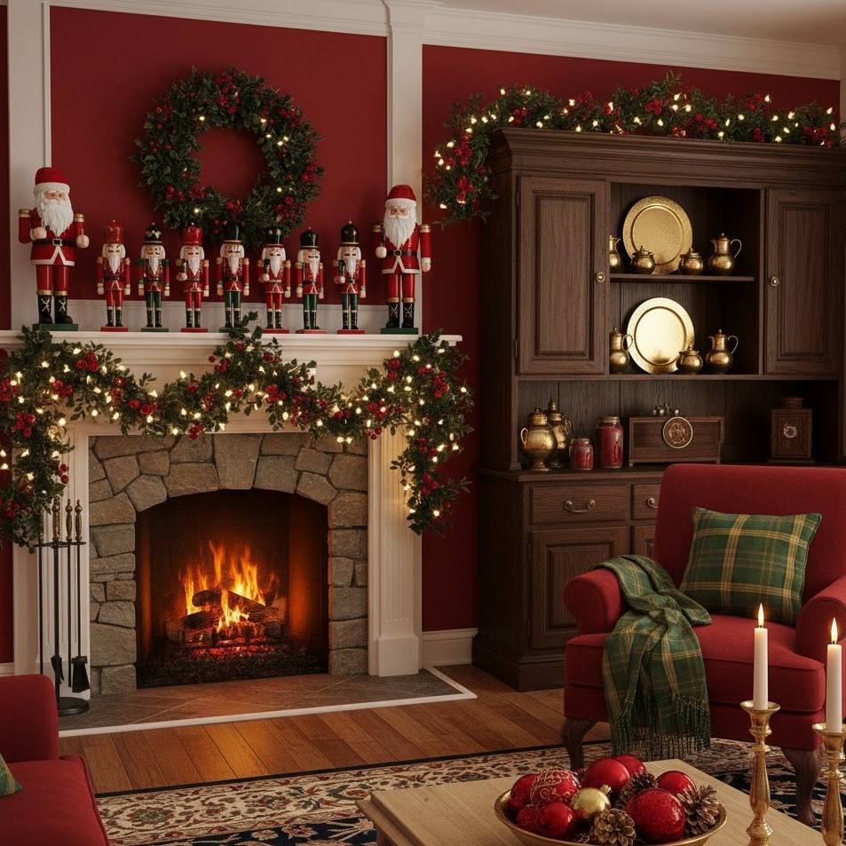 Cozy living room with red walls, nutcracker figurines, and garland-decorated fireplace mantel.