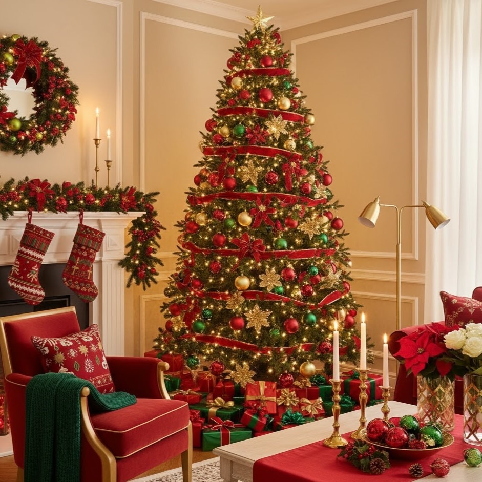 Traditional red and gold Christmas tree beside festive fireplace mantel.