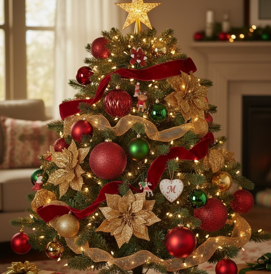 Close-up of Christmas tree with gold flowers and red ornaments.