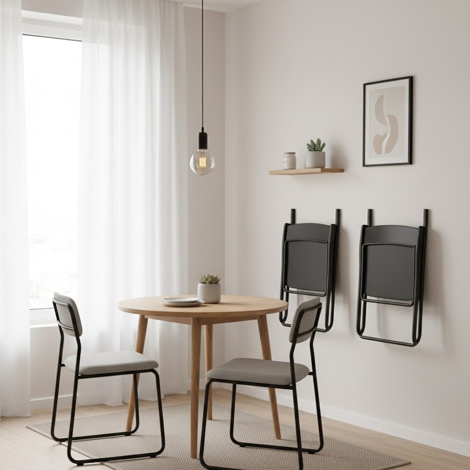 Compact round white dining table with beige cushioned chairs