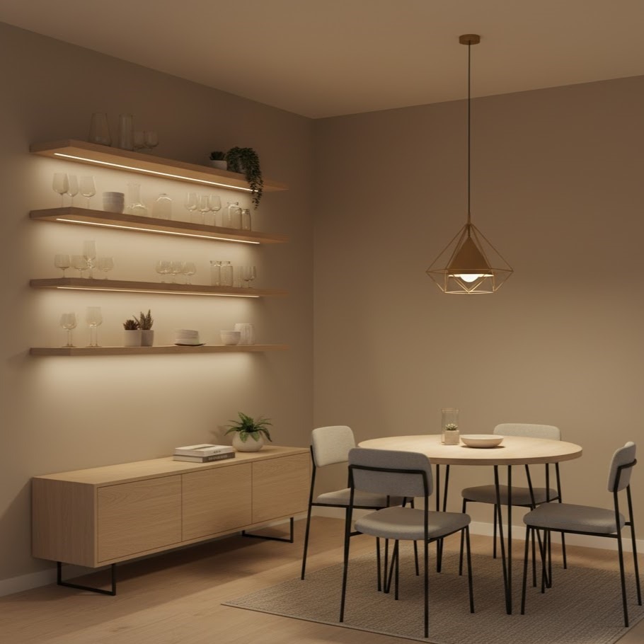 Modern dining setup with glass shelves and accent lighting