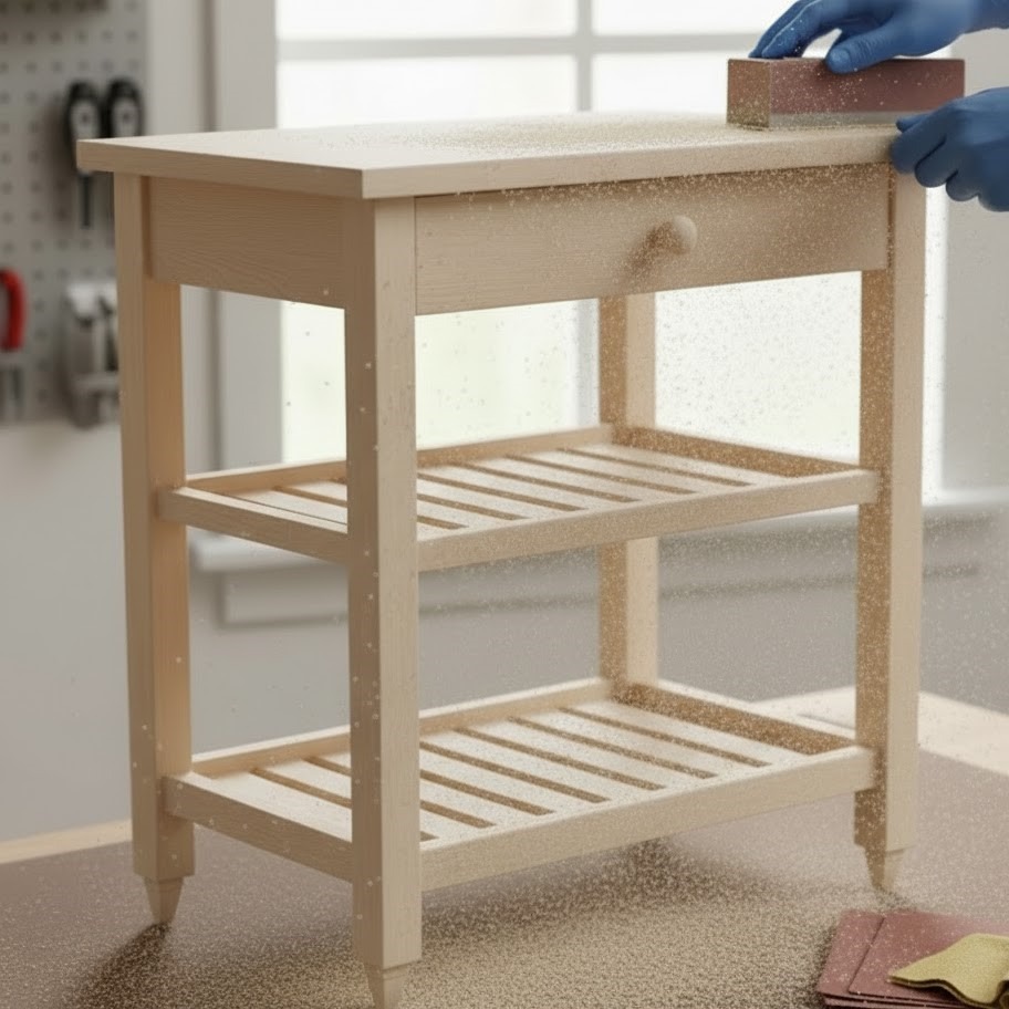 Person sanding a wooden kitchen cart surface using a sanding block to smooth and prep for paint.