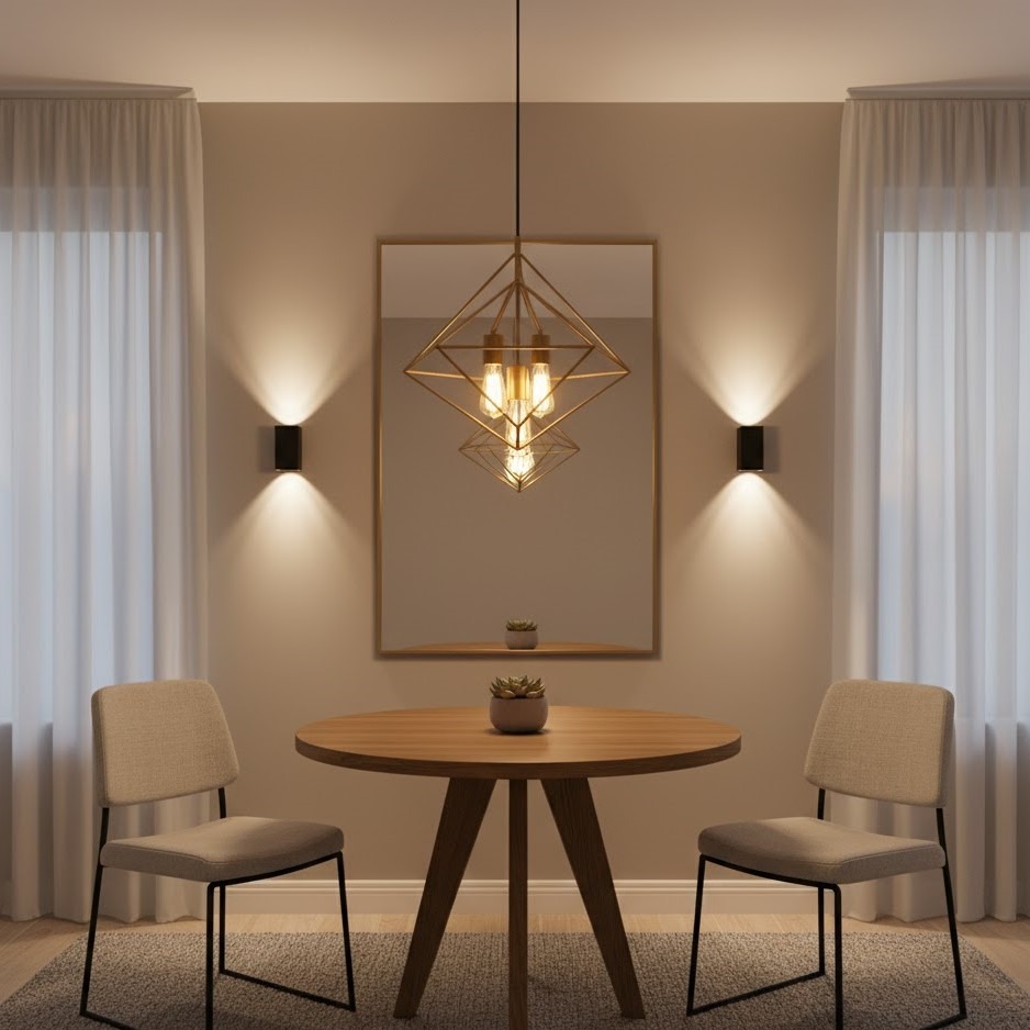 Open dining area with pendant lights and kitchen island seating
