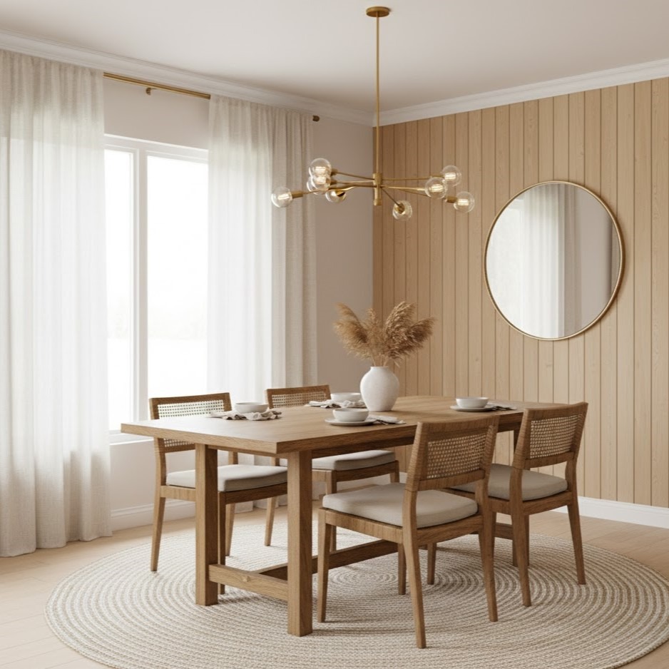 Warm dining space with wood textures and soft ambient lighting