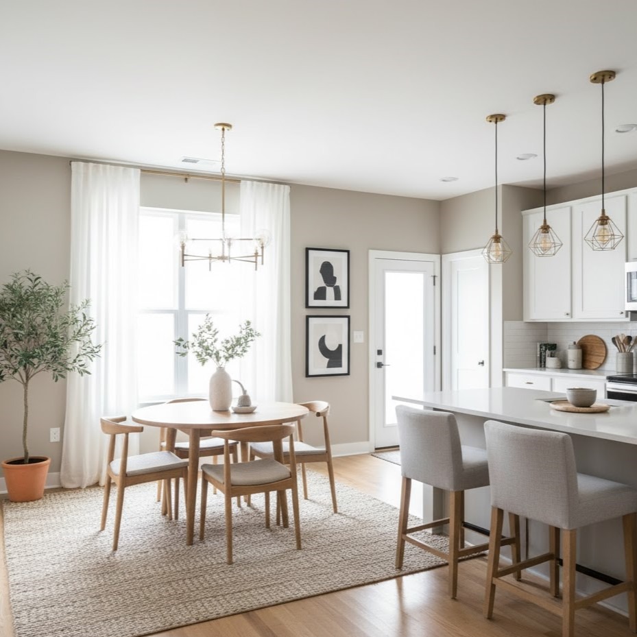 Cozy dining corner with wall-mounted chairs and pendant light