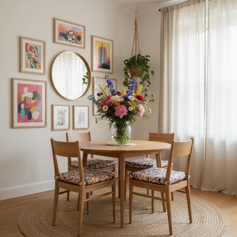 Simple dining nook with plants, sunlight, and table setting