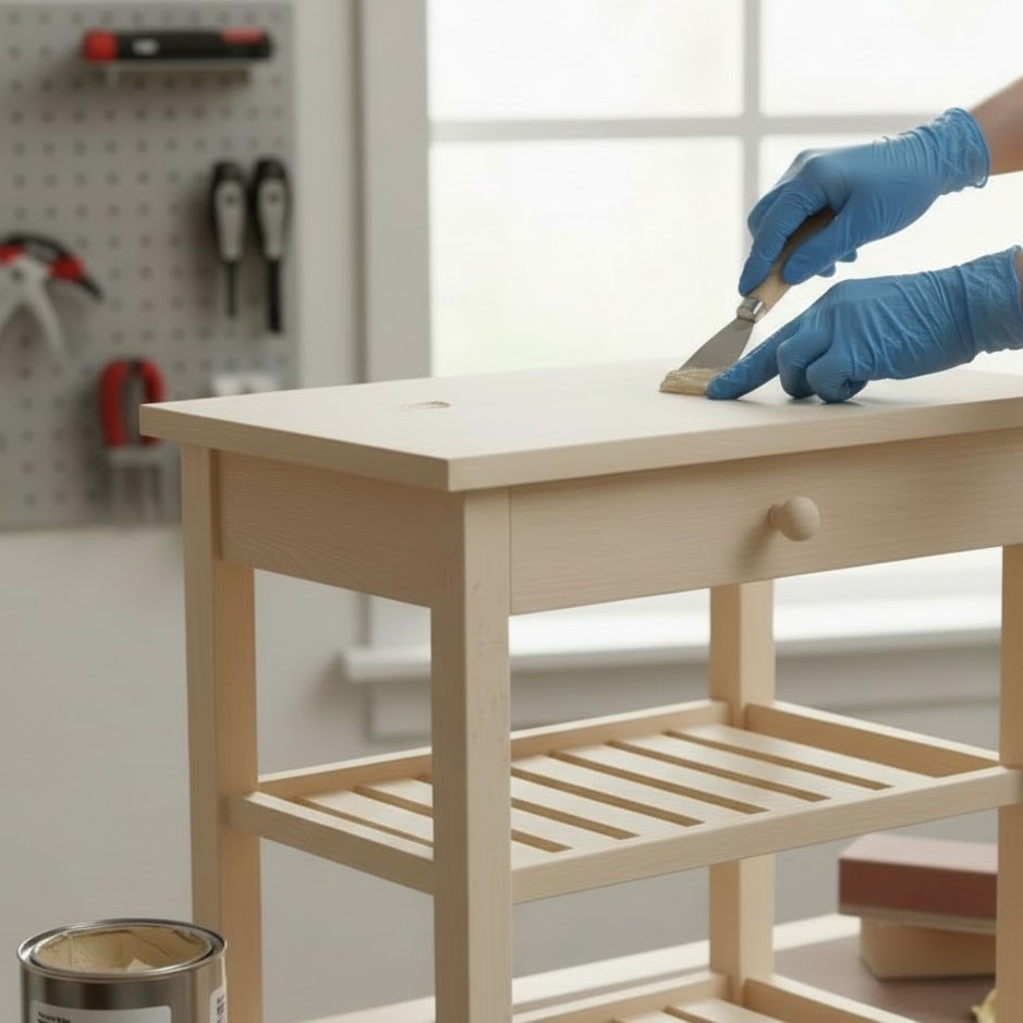 Person applying wood filler on a wooden kitchen cart top before painting to fix small surface imperfections.