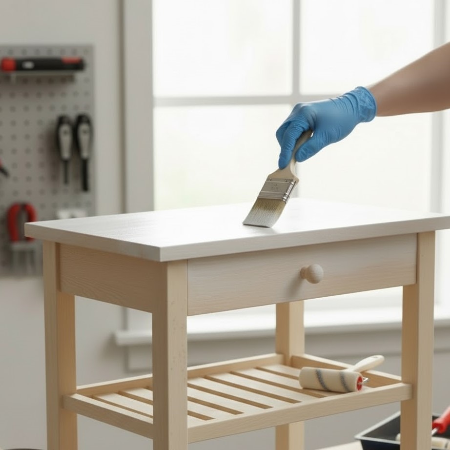 Person applying white primer on a wooden kitchen cart surface using a paintbrush.