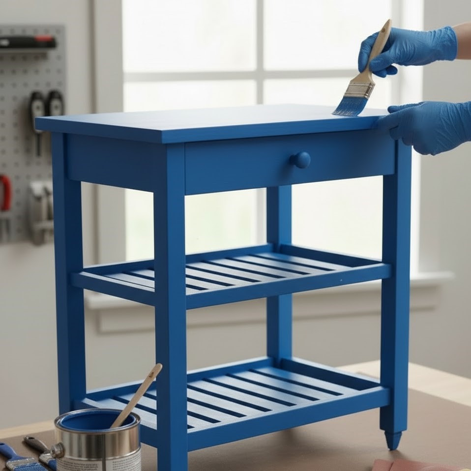 Person painting a wooden kitchen cart bright blue using a paintbrush for smooth, even coverage.