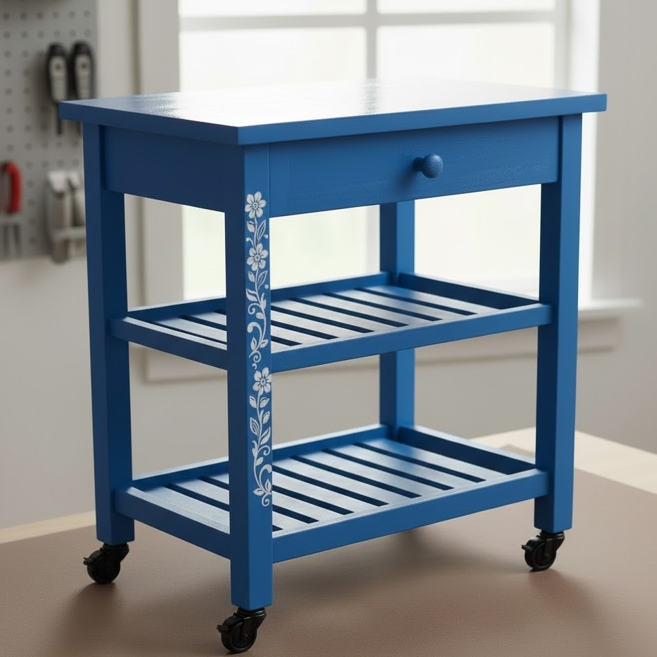 Blue-painted kitchen cart with floral white detailing and caster wheels reattached after painting.
