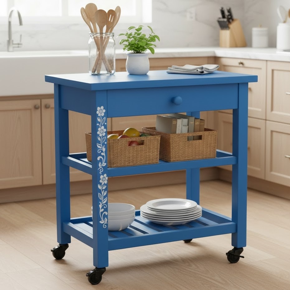 Finished blue kitchen cart with floral detail styled with plates, baskets, and utensils in a modern kitchen.
