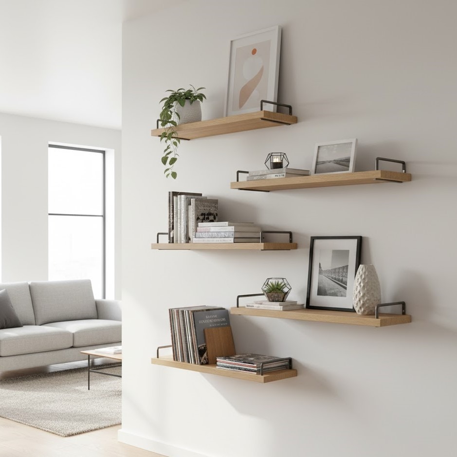 Wooden floating shelves on white wall displaying books, plants, and framed artwork.
