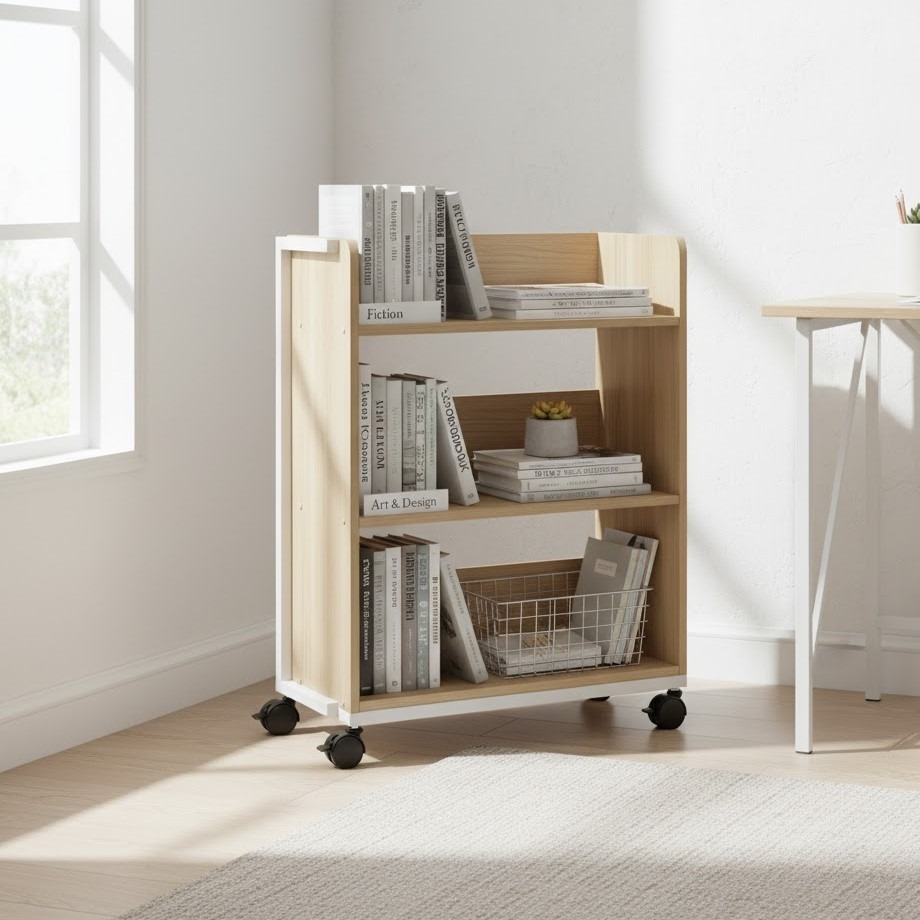 Light wooden rolling book cart with shelves storing books and a wire basket beside desk.