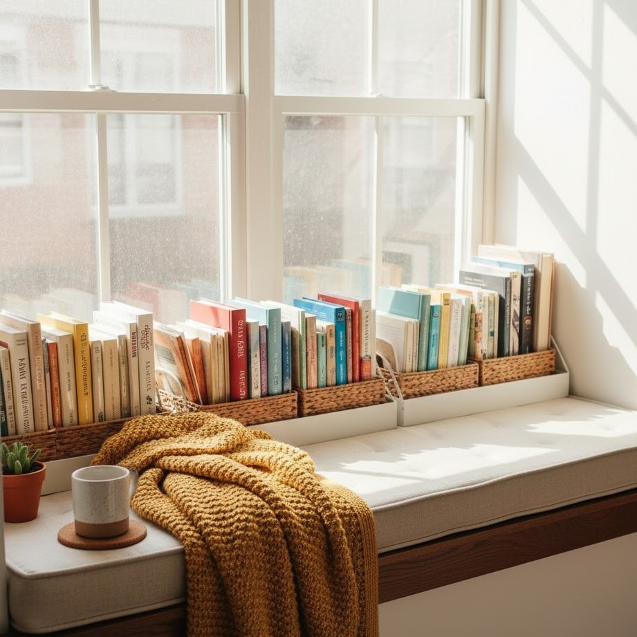 Cozy window seat with wicker baskets filled with books, blanket, and coffee cup in sunlight.