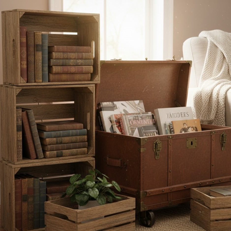 Rustic wooden crates and vintage trunk filled with stacked books beside cozy chair.